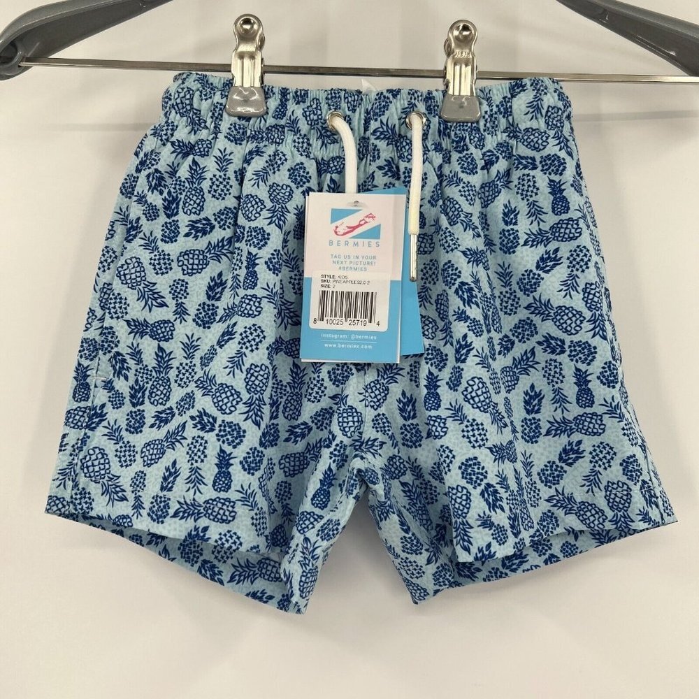 Bermies Kid Boy's Swim Shorts Trunks in Blue Pineapple 2.0 sz 2 NWT Father/Son